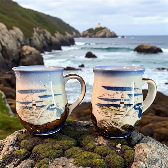 Vintage Otagiri Lighthouse Mugs-Pair-Hand Painted-Seaside Pottery-Coastal-Japan - Picture 8 of 8